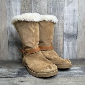 Womens Ugg Nessa Brown Sheepskin Zip Mid Buckle Boots Size 6 M /‎ Big Kids 5 Y